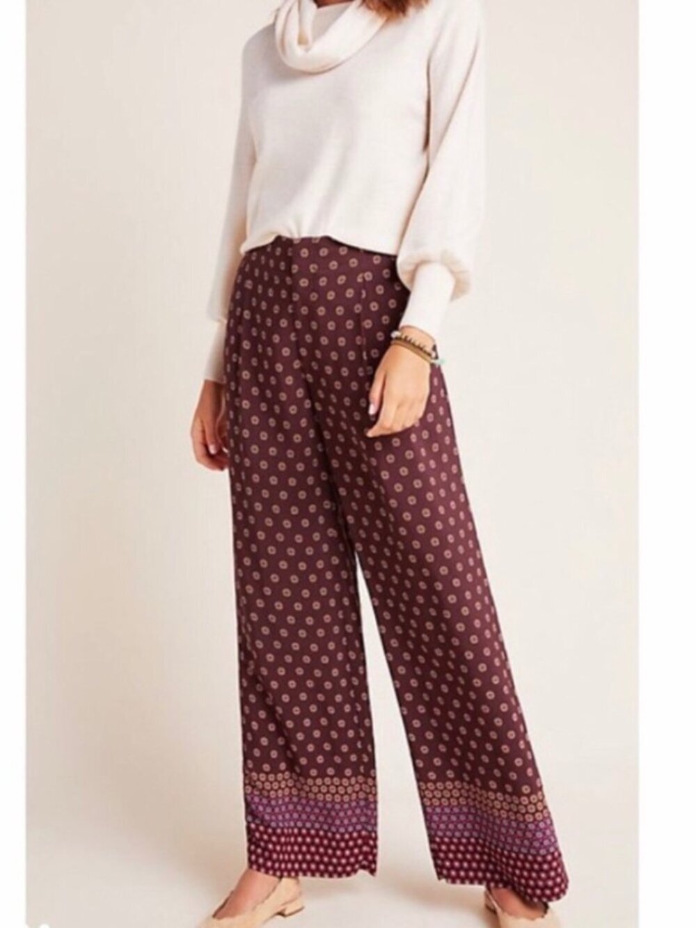 Anthropologie High Rise Wide Leg Pleated Printed Crimson Multicolor Pants Size 0